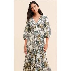 Anthropologie Dress Medium V Neck Textured Midi Boho Peasant Patchwork XS